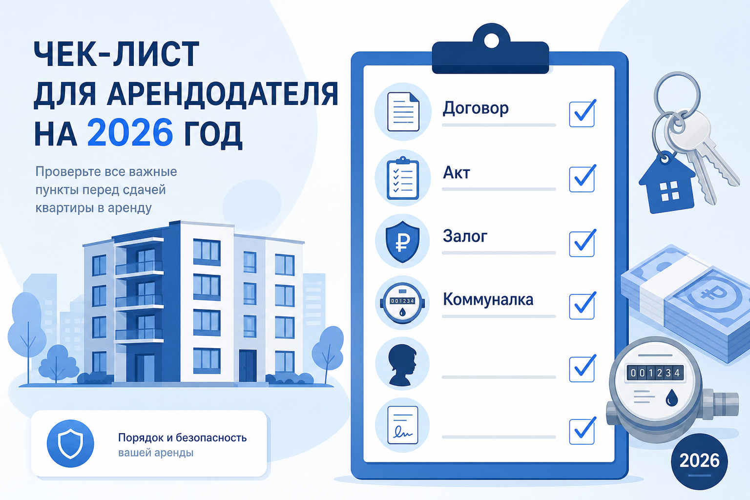 Чек-лист договора аренды: объект, платежи, залог, коммуналка, акт, проживающие